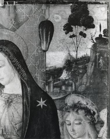 The Walters Art Museum — Gentile da Fabriano, Francesco di. Italian, 15th cen. Madonna and Child w. Infant St. John and Angels — particolare, durante il restauro